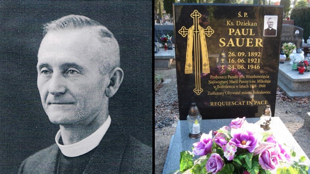 Doppelfoto: links ein Portrait von Paul Sauer, rechts dessen Grab