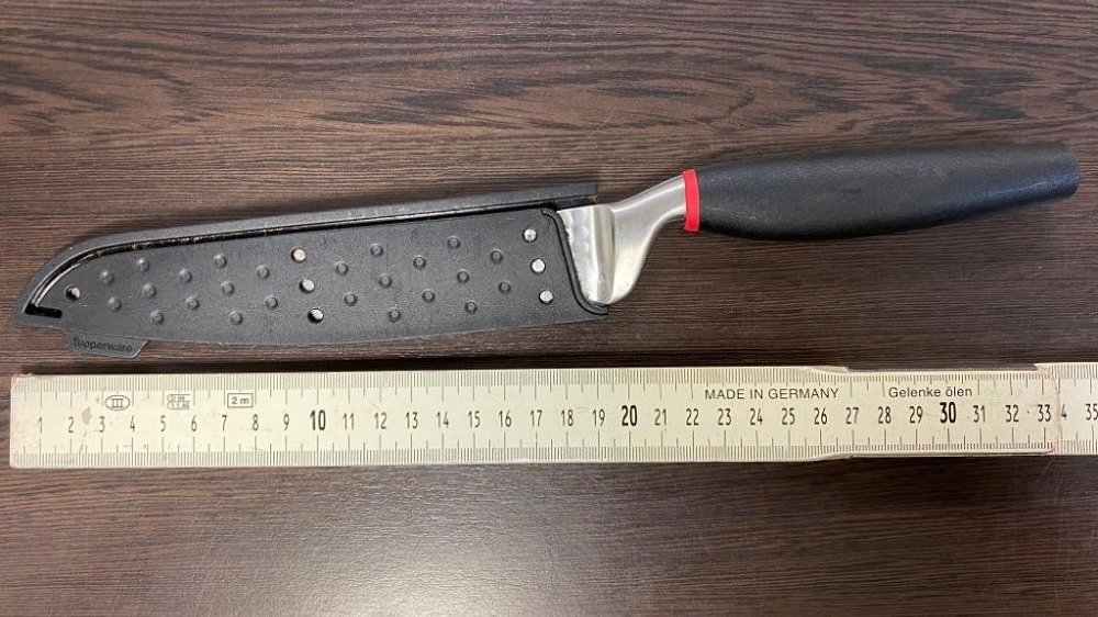 Messer mit 20 Zentimeter langer Klinge neben einem Zollstock