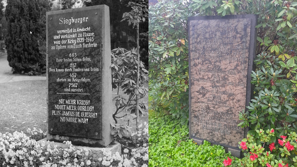 Weltkriegs-Mahnmal auf dem Nordfriedhof, links bei der Einweihung, rechts heute.
