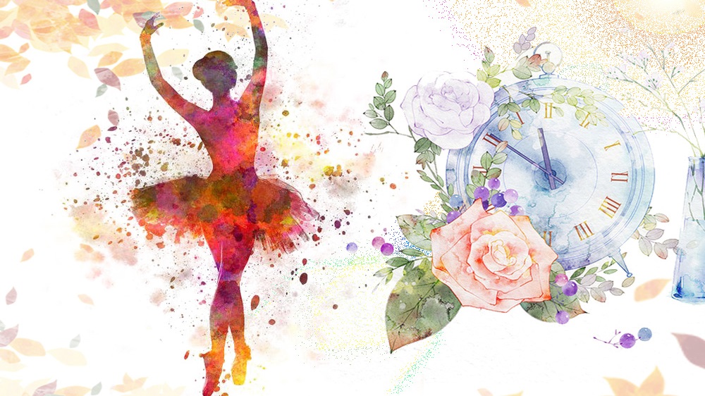 Aquarellmalerei mit einer Ballerina, einer Rose und einem Wecker.