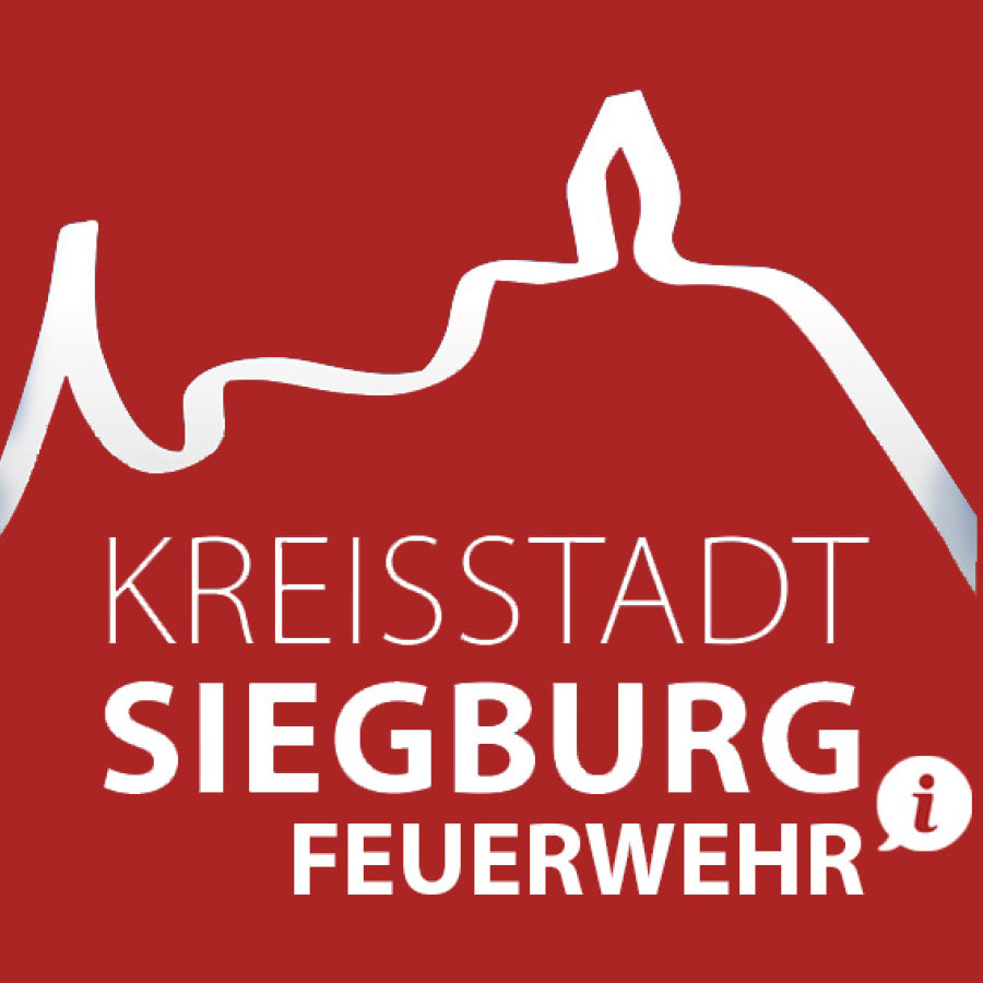 Das Bild zeigt das Logo der Stadt Siegburg auf rotem Hintergrund mit dem Zusatz Feuerwehr