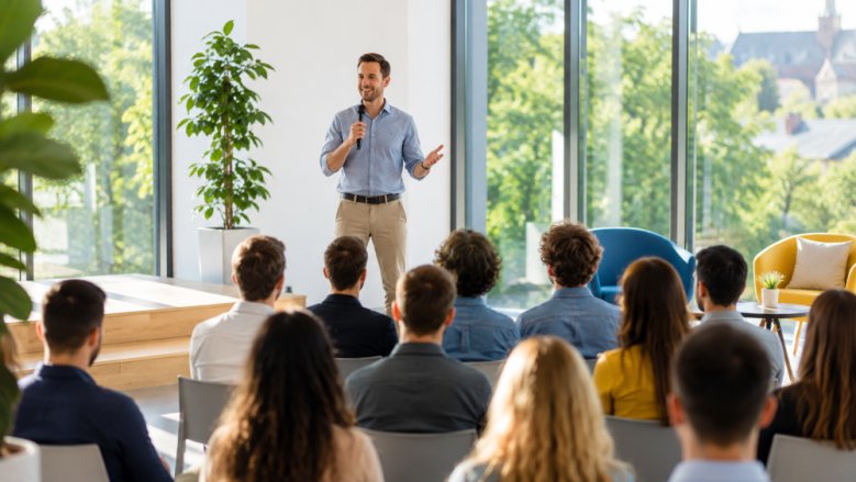 Ein Gründer präsentiert auf der Bühne seinen Pitch.